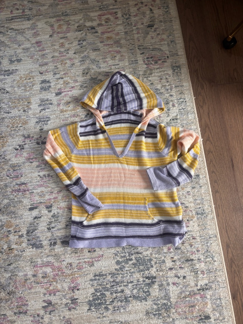 Striped Knit Hooded Pullover in Yellow, Peach & Lavender
